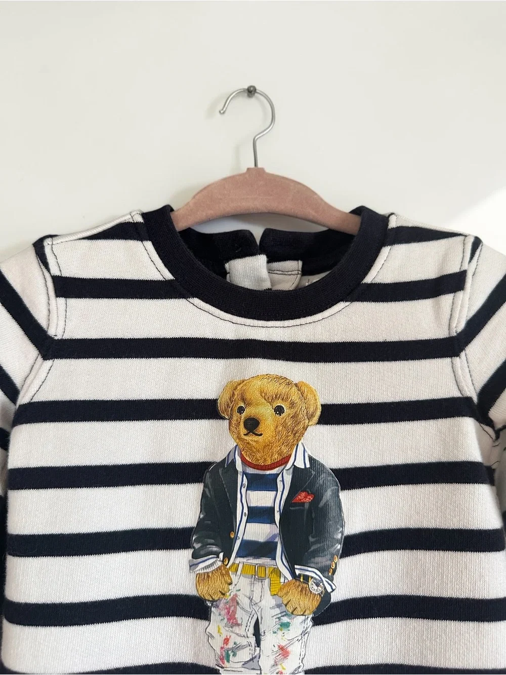 Baby Ralph Lauren, Polo Bear Fleece Dress - Navy & White Stripes, 6 Months